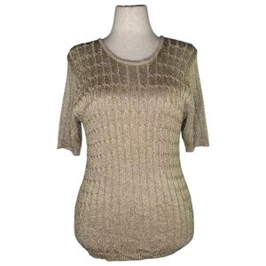 Vintage Suzelle Gold Metallic Knit Top L Shimmer Ribbed Short Sleeve Sweater